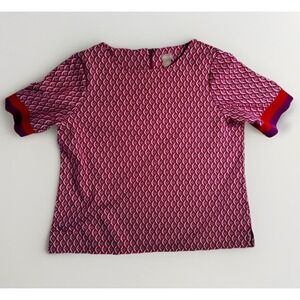 Chicos Pink Purple Geometric Medallion Blouse Short Sleeve Back Zip Top Size 2 L